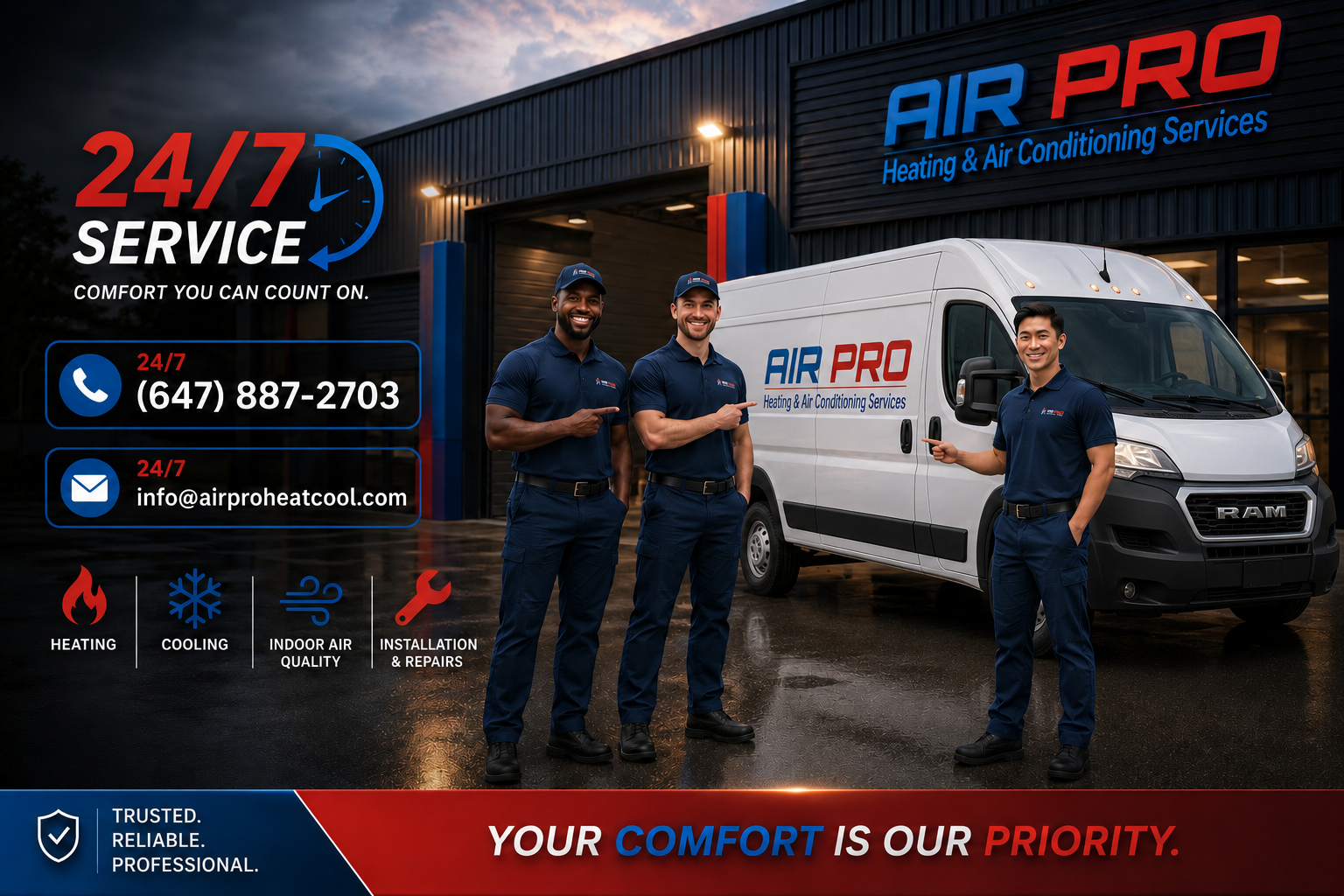 The Air Pro Heating & Air Conditioning Services team in front of their service vans